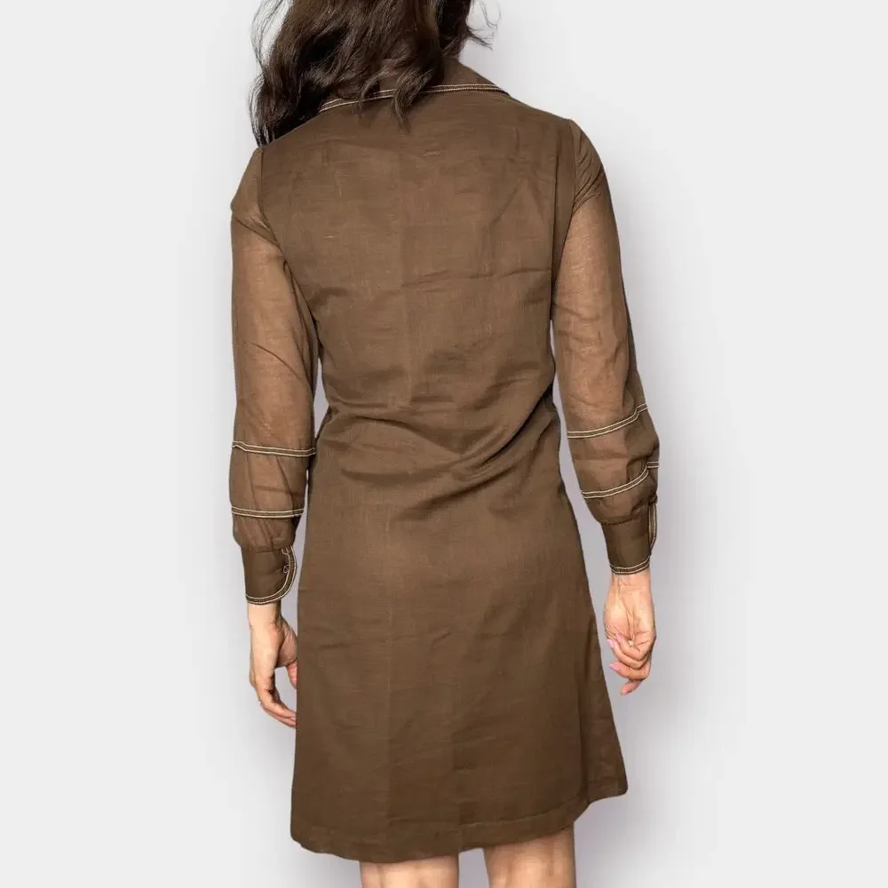 VINTAGE Brown Long Sleeve button down shirt dress Mini Coastal Cowboy Retro SZ S - Picture 7 of 8